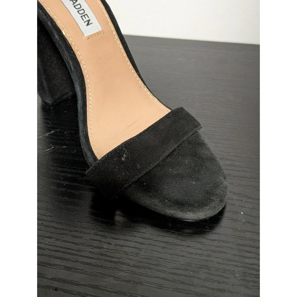 Steve Madden Carrson Black Suede‎ Block Heel Ankle Strap Sandal Womens 6M